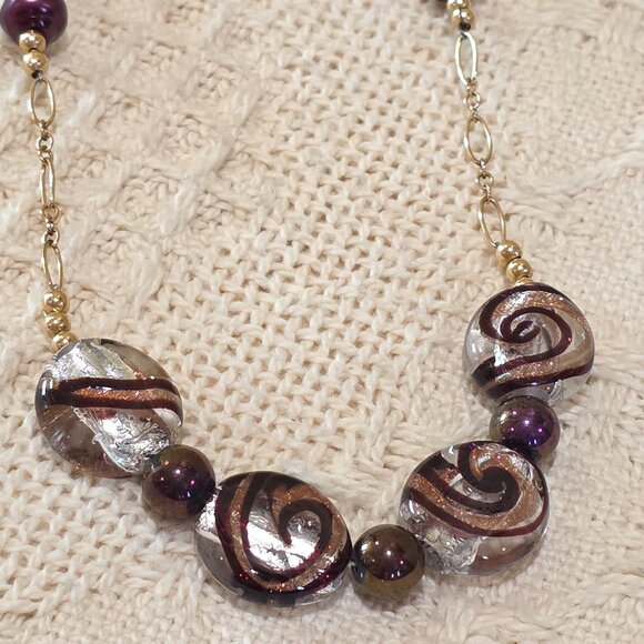 Vintage Murano Peacock Crimson Glass Pearl Amethyst Cat Eye Bead 14k/20 Necklace - Picture 12 of 16